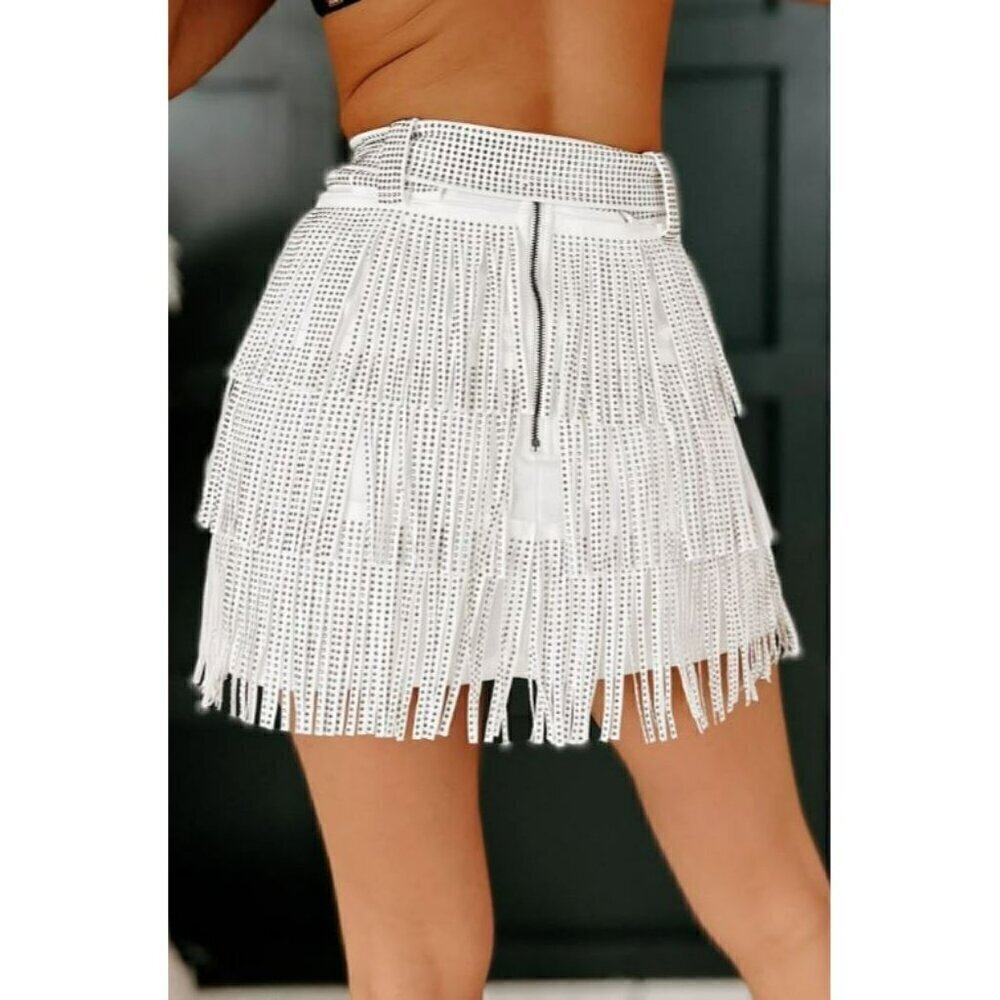 *PLUS ONLY* Spotlight Stealer Rhinestone Fringe Mini Skort Off White - Picture 5 of 10